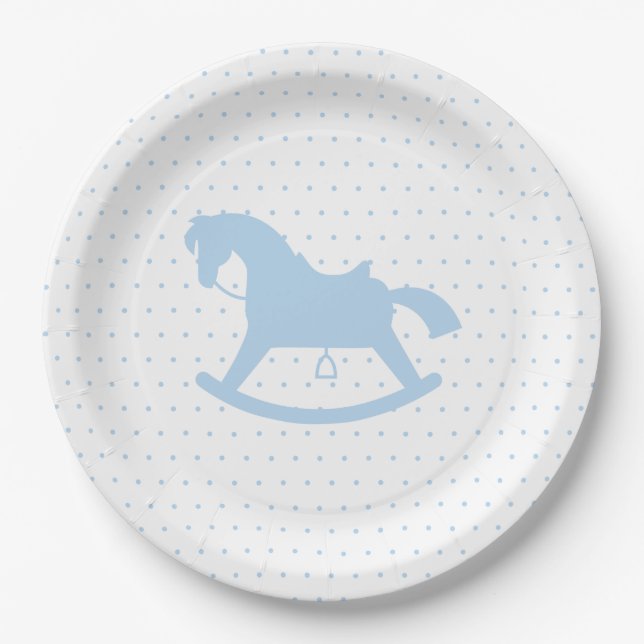 Rocking Horse Silhouette Baby Shower Plate Blue (Front)