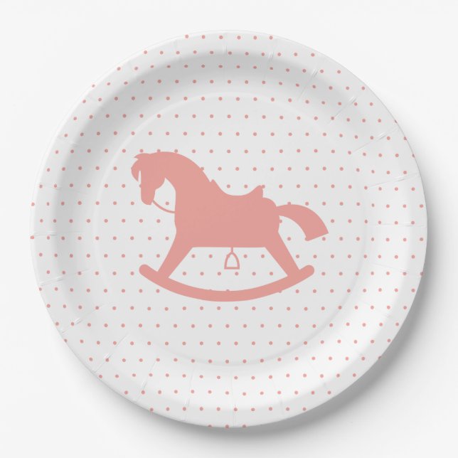 Rocking Horse Silhouette Baby Shower Plate Pink (Front)