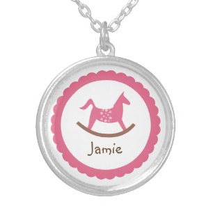 Rocking horse toy pink baby girl keepsake holiday silver plated necklace