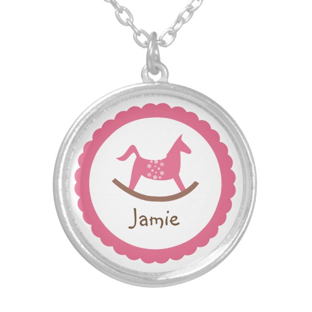 Rocking horse toy pink baby girl keepsake holiday silver plated necklace (Front)