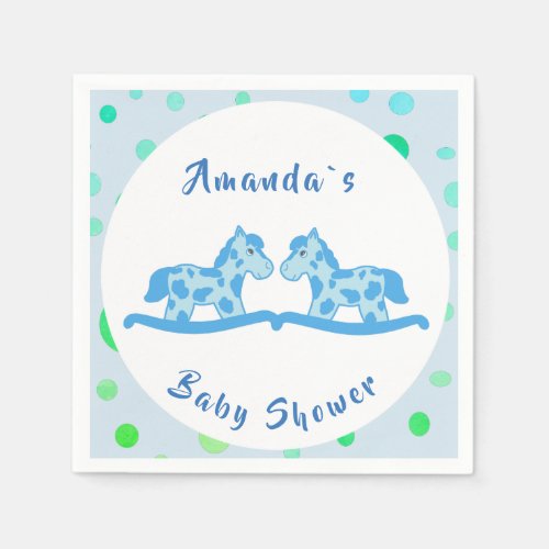 Rocking Horse Twin Boy Baby Shower Party Paper Napkins - Rocking horse twin boy baby shower paper napkins with two cute rocking horses. The rocking horses are blue with blue spots. The border is blue with colorful blue and green dots and circles. You can easily personalize these rocking horse baby shower paper napkins with your name and your costum text. The text can be in the font style and color of your choice. You can choose your own background color of the border by costumizing the napkins.