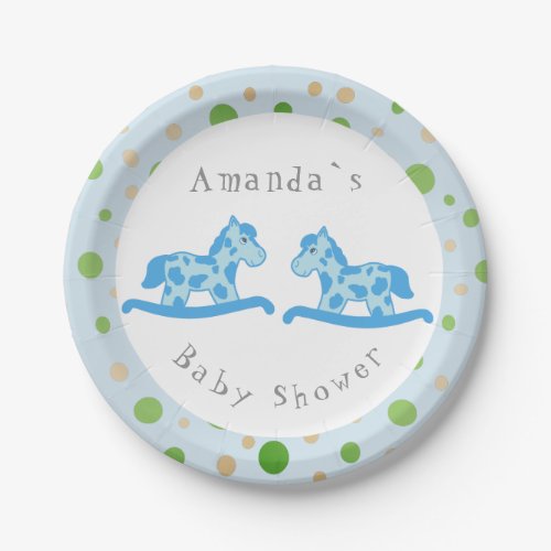 Rocking Horse Twin Boy Baby Shower Party Paper Plates - Rocking horse twin boy baby shower paper plates with two cute rocking horses. The rocking horses are blue with blue spots. The border is blue with green and beige dots and circles. You can easily personalize these rocking horse baby shower paper plates with your name and your costum text. The text can be in the font style and color of your choice. You can choose your own background color of the border by costumizing the plates.