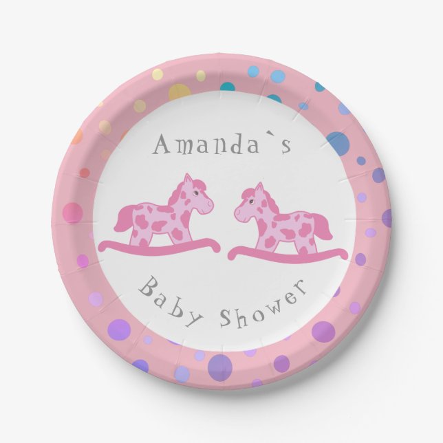Rocking Horse Twin Girl Baby Shower Party Paper Plates (Front)