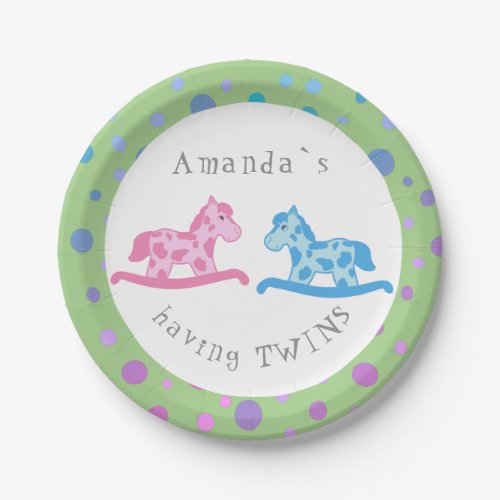 Rocking Horse Twins Baby Shower Party Paper Plates - Rocking horse twins baby shower paper plates with two cute rocking horses. One is pink with pink spots and the other is blue with blue spots. The border is green with colorful dots and circles. You can easily personalize these rocking horse baby shower paper plates with your name and your costum text.
You can change the background color of the border by costumizing the plates.