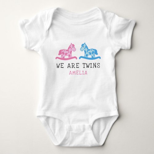 Rocking Horse Twins Boy Girl Name Baby Bodysuit - Rocking horse twins boy girl baby bodysuit with pink girl name. Two cute rocking horses toys - pink and blue for a baby boy and a baby girl. Personalize with your name - pink for a baby girl. Great design for twins for a baby shower or a gift for a newborn twin baby girl.