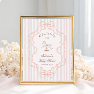 Rocking Horse Vintage Pink Baby Shower Welcome Poster