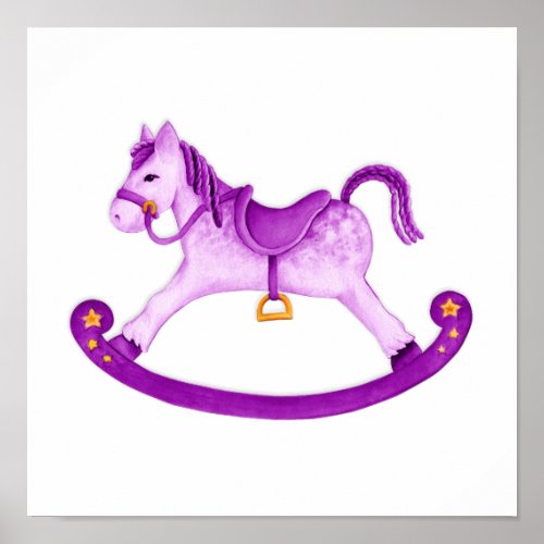 Rocking horse watercolor art purple nursery poster