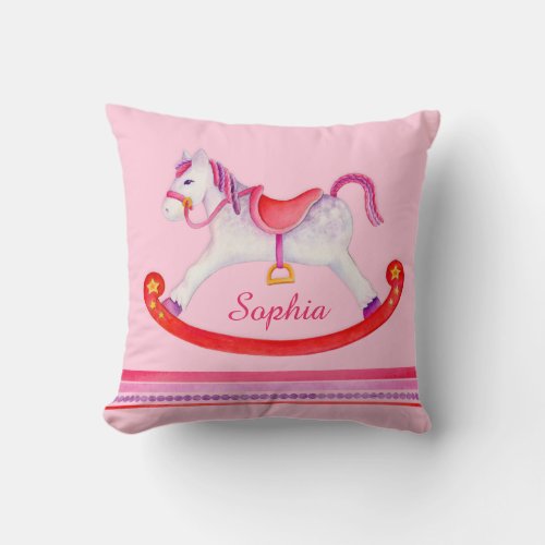 Rocking horse watercolor pink named kids pillow
