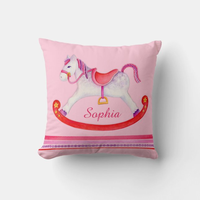 Rocking horse watercolor pink named kids pillow (Front)