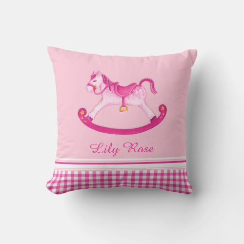 Rocking horse watercolor pink named kids pillow