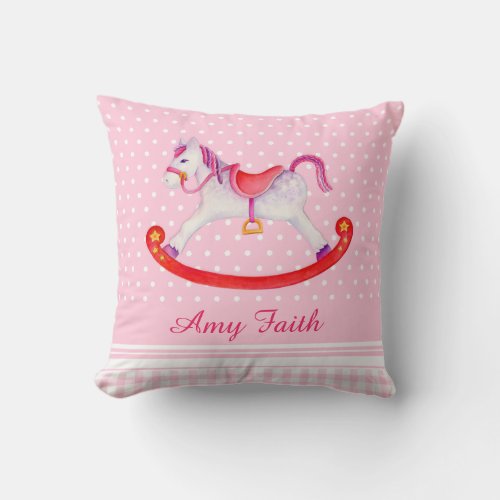 Rocking horse watercolor pink named kids pillow