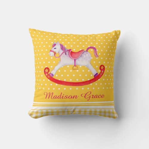 Rocking horse watercolor yellow named kids pillow