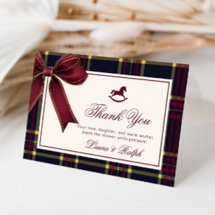 Rocking Horse Winter Burgundy Plaid Baby Shower Letterpress Thank You Card