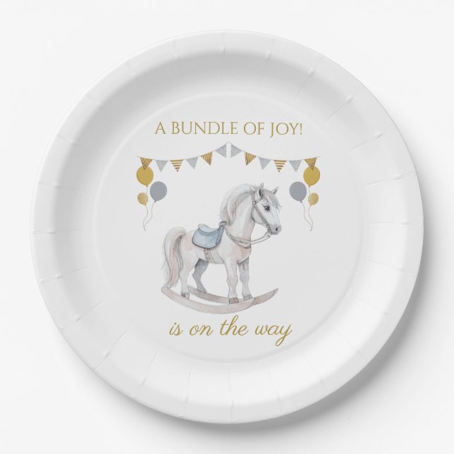 Rocking horse with bunting flags paper plates (Front)