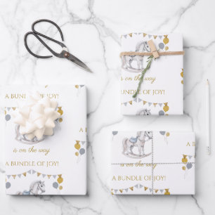 Rocking horse with bunting flags wrapping paper sheets