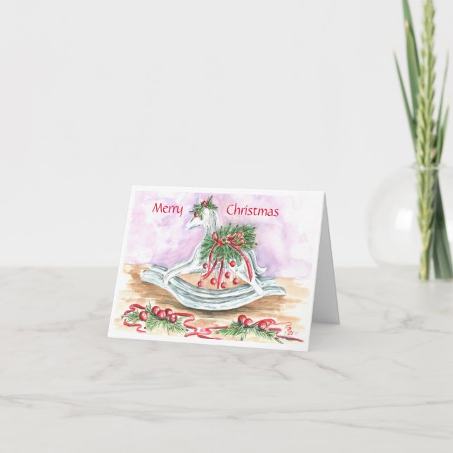 Rocking Horse with Red Christmas Bulbs Holiday Card (Front)
