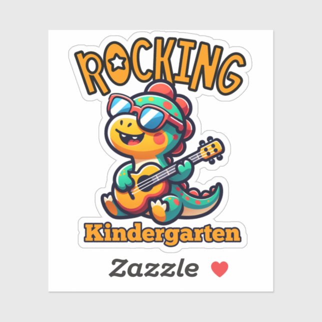 Rocking Kindergarten Dinosaur with guitar  Sticker (Sheet)