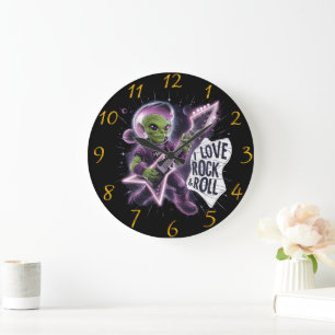 Rocking out cartoon green-skinned space alien large clock
