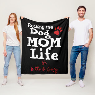 Rocking The Dog Mom Life DOG NAME Paw Print Fleece Blanket