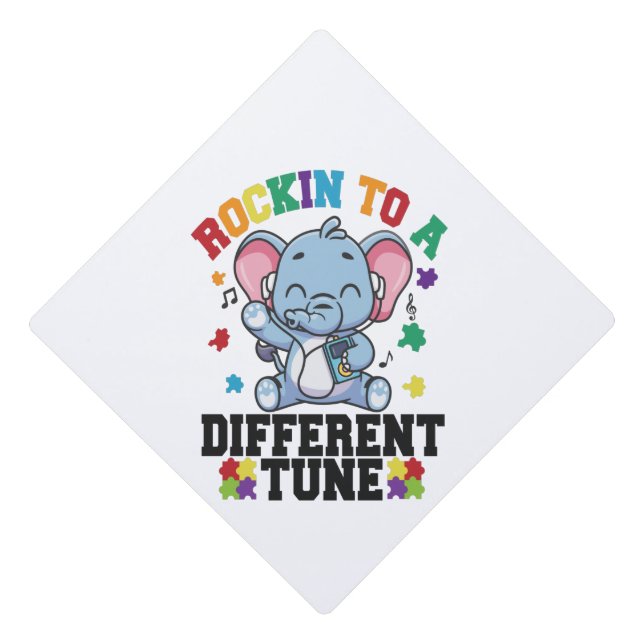 Rocking to a Different Tune Cute Elephant Autism Graduation Cap Topper (Front)