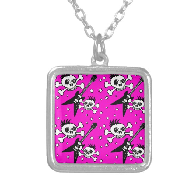 Rock'n Skulls with Guitars Silver Plated Necklace (Front)