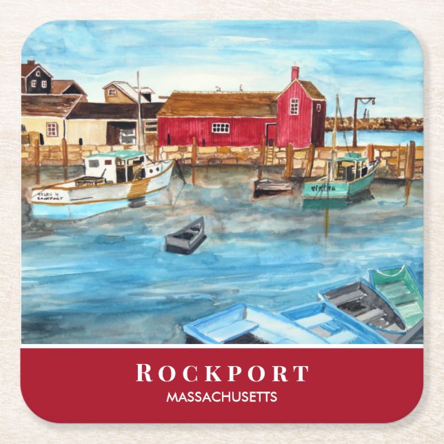 Rockport Harbor Massachusetts New England USA Square Paper Coaster (Front)