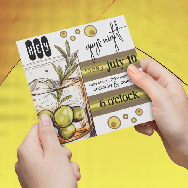 Rocks Glass | Olives | Guys Night Out Invitation (Boys night out bachelor party customizable invitation with olives and rocks glass. )