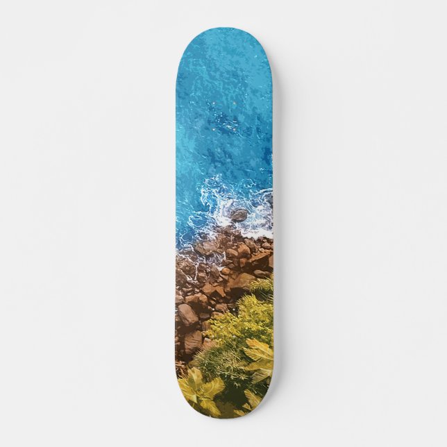 Rocks in the sea, above view 1 skateboard (Front)
