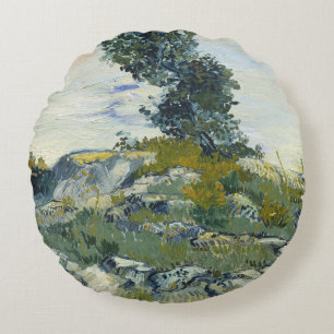 Rocks with Oak Tree, Van Gogh Oil Painting Round Pillow