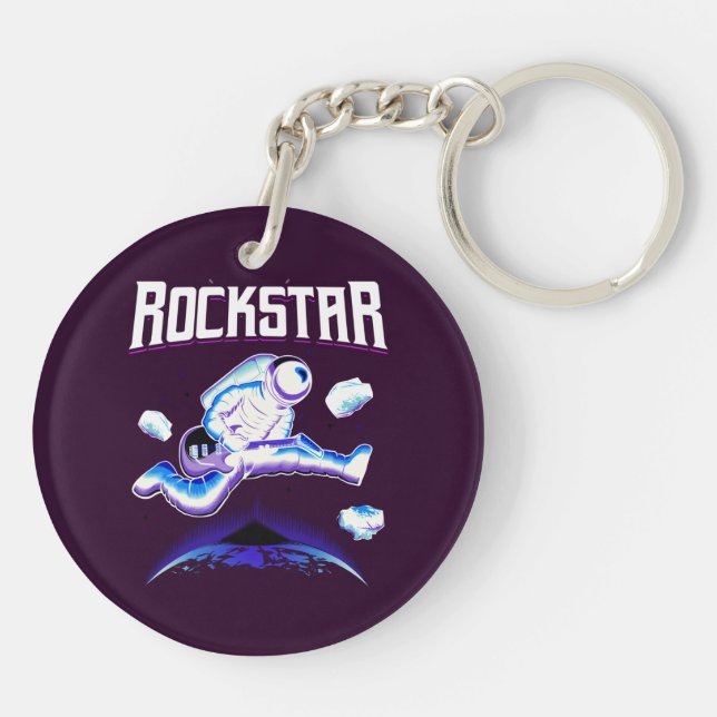 Rockstar astronaut playing guitar in space keychain (Back)