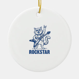 Rockstar Cat Guitar Vintage Engraving Shirt Design Ceramic Ornament