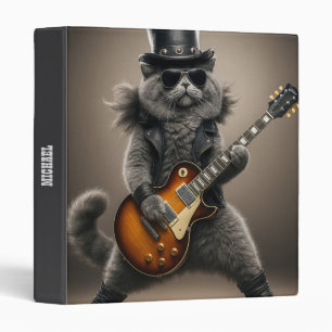 Rockstar Cat Playing Electric Guitar in Leather 3 Ring Binder