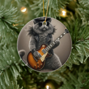 Rockstar Cat Playing Electric Guitar in Leather Ceramic Ornament