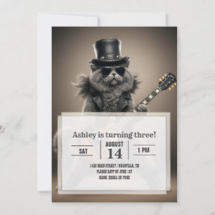 Rockstar Cat Playing Electric Guitar in Leather    Invitation