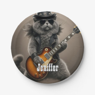 Rockstar Cat Playing Electric Guitar in Leather Paper Plates