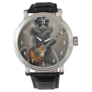 Rockstar Cat Playing Electric Guitar in Leather Watch