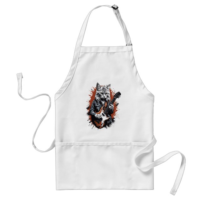 Rockstar Cat Shredding Guitar Adult Apron (Front)