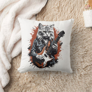 Rockstar Cat Shredding Guitar Throw Pillow