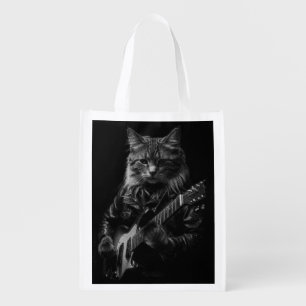 Rockstar Cat with Guitar - Cool Music Art Gift Grocery Bag