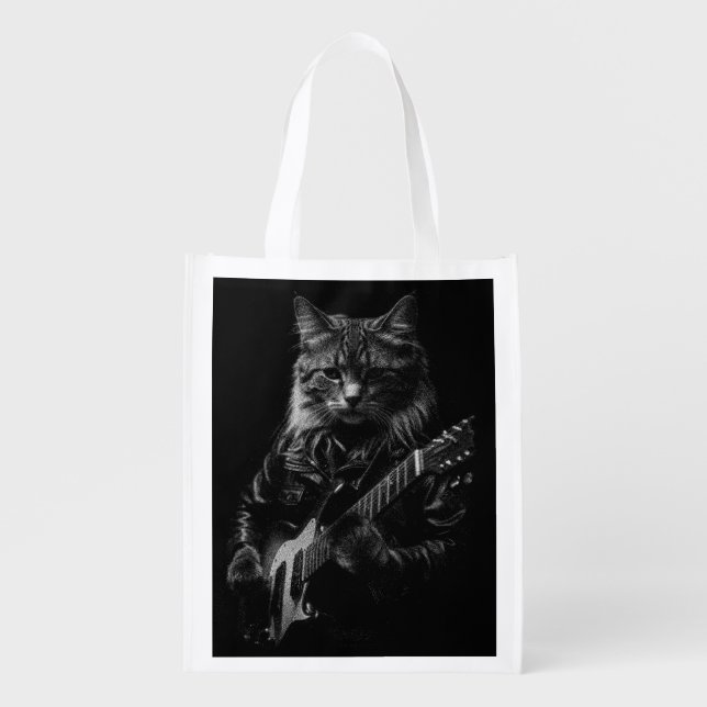 Rockstar Cat with Guitar - Cool Music Art Gift Grocery Bag (Front)