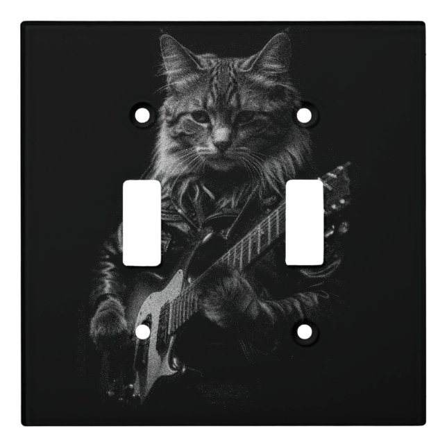 Rockstar Cat with Guitar - Cool Music Art Gift Light Switch Cover (Front)