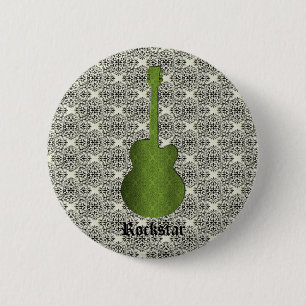 Rockstar Damask Guitar Button, Olive Green Pinback Button