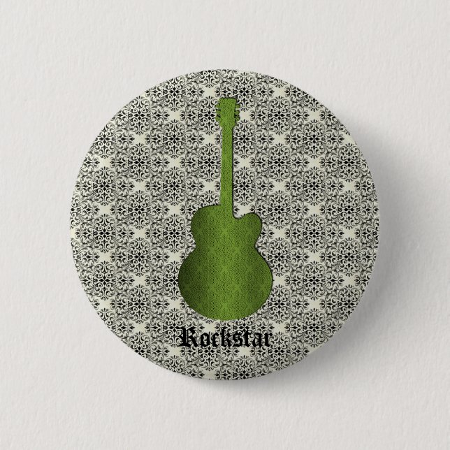 Rockstar Damask Guitar Button, Olive Green Pinback Button (Front)