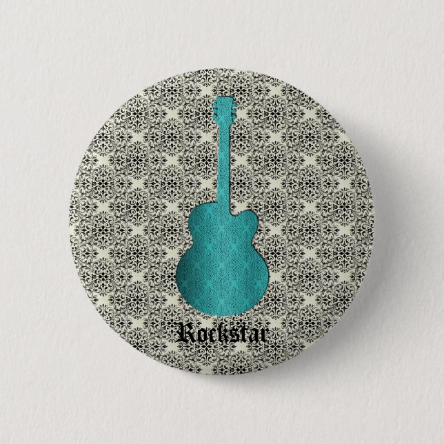 Rockstar Damask Guitar Button, Turquoise Pinback Button (Front)