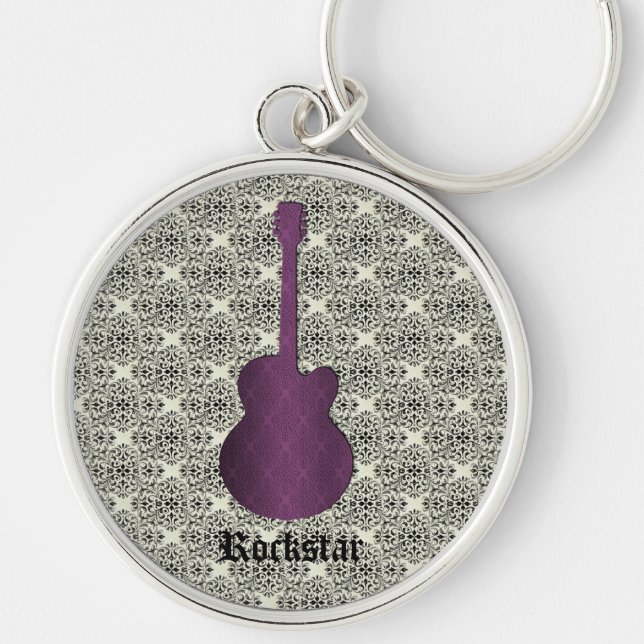 Rockstar Damask Guitar Keychain, Purple Keychain (Front)