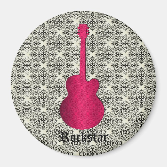 Rockstar Damask Guitar Magnet, Magenta Magnet (Front)