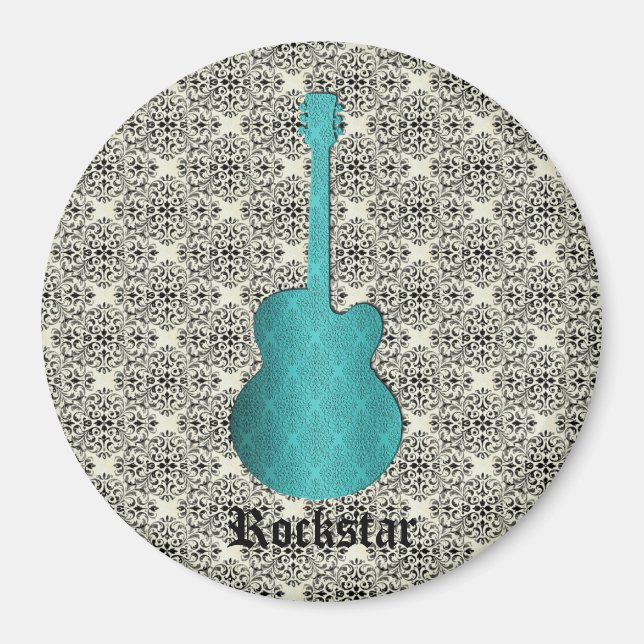 Rockstar Damask Guitar Magnet, Turquoise Magnet (Front)