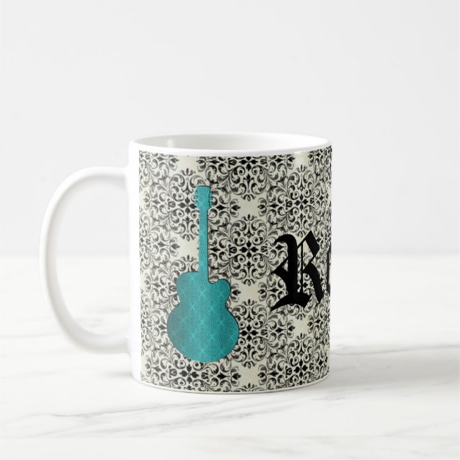 Rockstar Damask Guitar Mug, Turquoise Coffee Mug (Left)