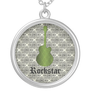 Rockstar Damask Guitar Necklace, Olive Green Silver Plated Necklace
