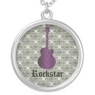 Rockstar Damask Guitar Necklace, Purple Silver Plated Necklace